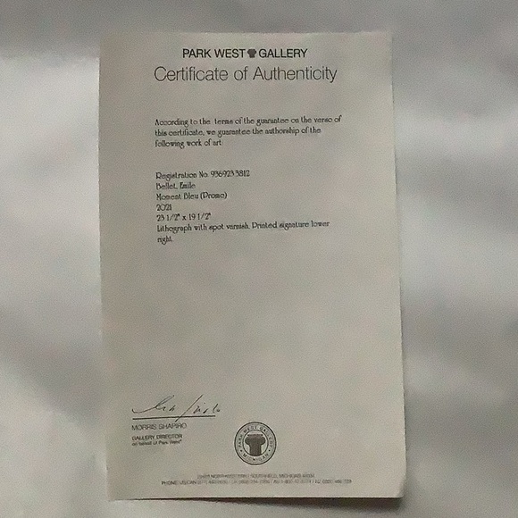 Moment Blue, Emile Bellet, 23 1/2” x 19 1/2” Lithograph w/spot varnish UNFRAMED - Picture 2 of 3